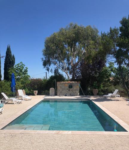 une petite piscine avec des chaises et un arbre dans l'établissement Tartana, à Saint-Christol-lès-Alès