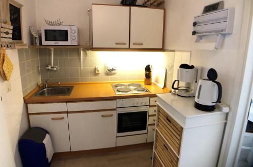 een kleine keuken met een wastafel en een magnetron bij Haus Berlin 58 in Großenbrode