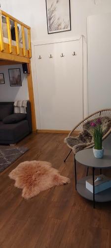 a living room with a rug on the floor and a table at Garden in Satu Mare