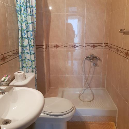 a bathroom with a shower and a toilet and a sink at Vila Horizont in Sveti Stefan