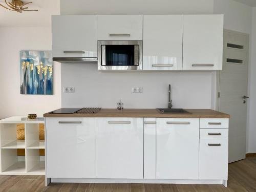 Kuchyň nebo kuchyňský kout v ubytování ROYAL SUN - lakeside luxury studio flat at Balaton