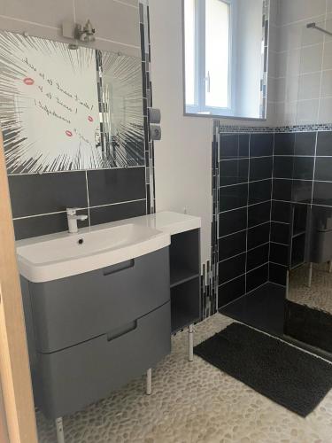 une salle de bain avec un lavabo, un miroir et une douche dans l'établissement Appart Fourchambault 6/8 personnes rez de chaussée, à Fourchambault