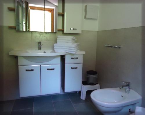 ein Badezimmer mit einem Waschbecken, einem WC und einem Spiegel in der Unterkunft Stübilerhof in St. Johann im Ahrntal