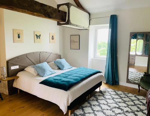 een slaapkamer met een groot bed met blauwe kussens bij Le Petit Caviste - Chambres D'hôtes & Suites in Castagnol