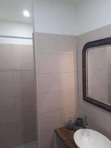 een badkamer met een wastafel en een spiegel bij la maison des vendangeurs in Villesequelande