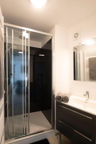 a bathroom with a shower and a sink at gîte le vingtieme in Spa