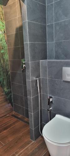 a bathroom with a toilet and a tile wall at Leśniczówka Kalina in Wetlina