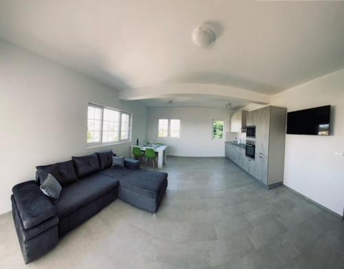 sala de estar amplia con sofá y cocina en Apartments Marina, en Lopar