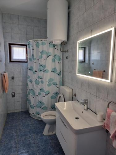 a bathroom with a sink toilet and a shower curtain at Apartman Vito in Medulin