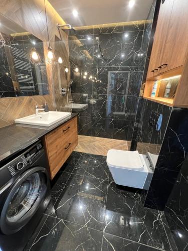 a bathroom with a sink and a washing machine at Tricity Apartments - Wilga Park in Gdańsk