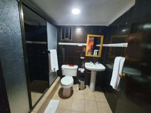 a bathroom with a toilet and a sink at Hotel Puerta de Oro in Barranquilla