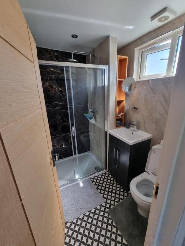 a bathroom with a shower and a toilet at Tulse Hill Luxury Cosy Rooms in London