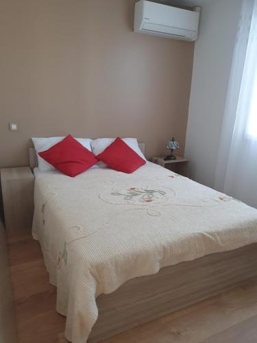 a bedroom with a bed with two red pillows at Appartement privé dans maison individuelle in Le Grau-du-Roi