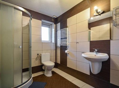 een badkamer met een toilet, een wastafel en een douche bij Pokoje gościnne u Bożenki in Krościenko