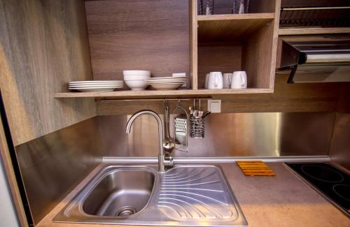 a kitchen with a sink and some dishes on a shelf at Olea Garden Apartments in Stavros