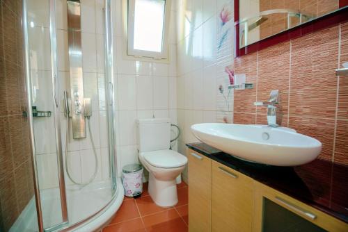 um banheiro com vaso sanitário, pia e chuveiro em Secluded, sunset, beaches, walk to village-Melina em Athani