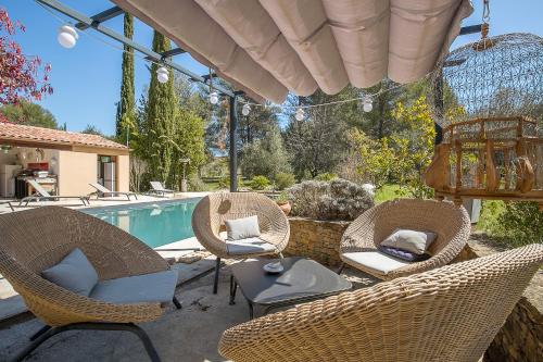 patio z wiklinowymi krzesłami i basenem w obiekcie Villa Des oliviers w mieście Le Beausset