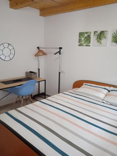 Sîntioana的住宿－Vila Sabo- Casa de vacanta cu lac de pescuit si ciubar cu hidromasaj，一间卧室配有一张带书桌和蓝椅的床。