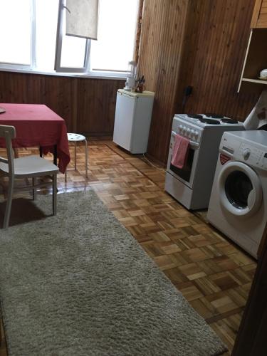 a kitchen with a washing machine and a table at Hippo in Pizunda