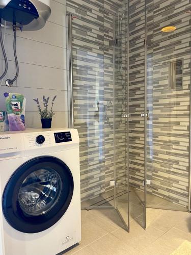 a washing machine in a bathroom with a shower at Villa Nika & Eva Valun in Cres