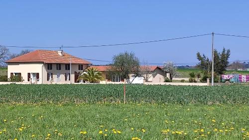 a house in a field with a field of flowers at Le Domaine de Laurolie in Gaujacq