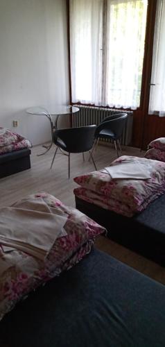Družstevní dům Choustník في Choustník: غرفة بسريرين وطاولة ونوافذ