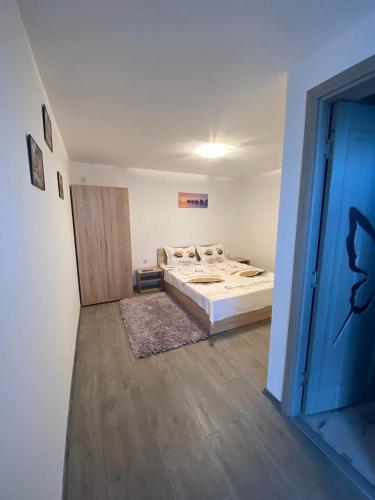 a bedroom with a bed and a blue door at Casa Theopa in Corbu