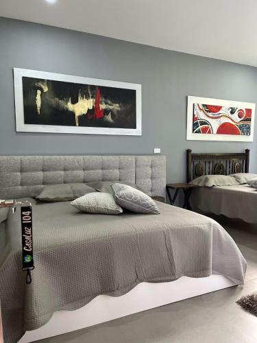 a bedroom with a bed and two posters on the wall at CASA LUZ Hospedaje, Pereira , Cerritos in Pereira