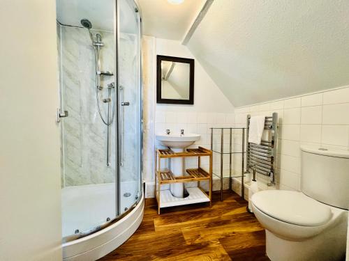 een badkamer met een douche, een toilet en een wastafel bij Brecon View by Switchback Stays in Newport