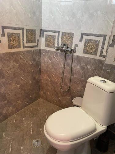 a bathroom with a toilet and a shower at Hotel Georgia in Gonio