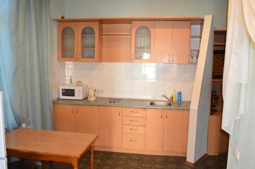 a small kitchen with a sink and a microwave at 1-комн в центре Днепра на Грушевского in Dnipro