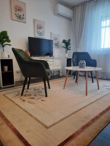 a living room with a table and chairs and a tv at Apartament Thea in Făgăraş