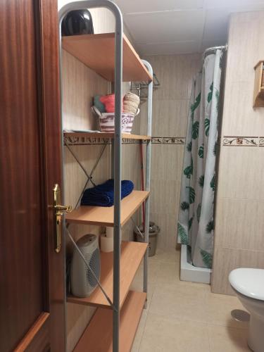a small bathroom with wooden shelves and a toilet at Apartamento Teatinos Universidad in Málaga