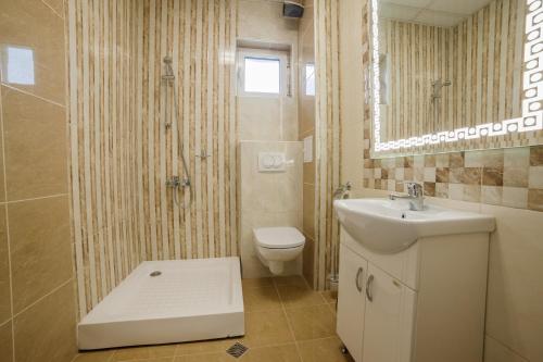 a bathroom with a sink and a toilet and a mirror at Villa Viktor in Topola