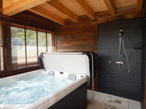 bagno con ampia vasca e doccia di Frankenwald-Lodge a Schwarzenbach am Wald