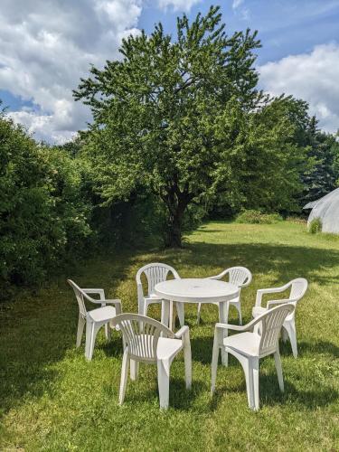 a group of white tables and chairs in the grass at Tulipan Haz in Szilvásvárad