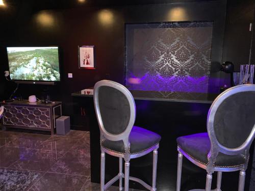 dwa fioletowe krzesła w pokoju z telewizorem w obiekcie La Suite Marylin, Loft de 90m2 avec Sauna et Jacuzzi w mieście Riom