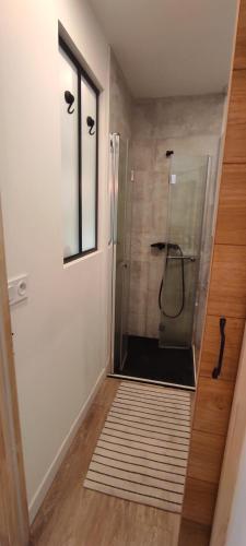 W łazience znajduje się prysznic ze szklanymi drzwiami. w obiekcie La Grange Climatisé w Bajonnie