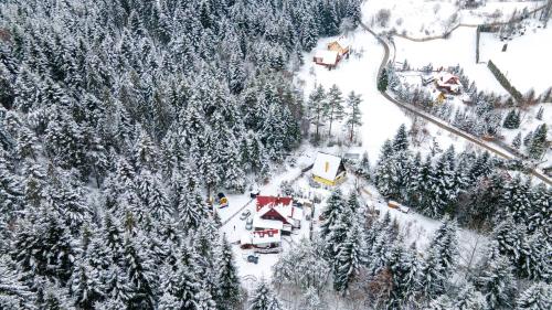 an aerial view of a snow covered forest with houses at Beczki Pod Lasem in Trzemeśnia