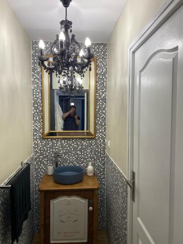 a man taking a picture of a bathroom with a mirror at Family lodg in Calais