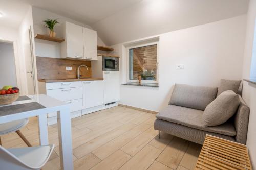 a kitchen and living room with a couch and a table at Na-Ture Apartments in Zgornje Gorje