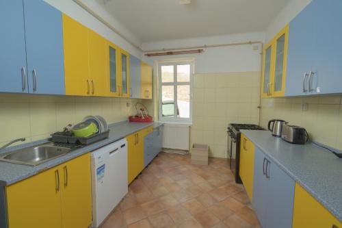 a kitchen with yellow cabinets and a sink at Astoria Inn in Špindlerův Mlýn