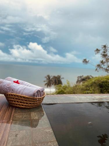 a wicker basket sitting on top of a table near the water at Beach Eco Stays Hotel Boutique Lagoinha in Tigre