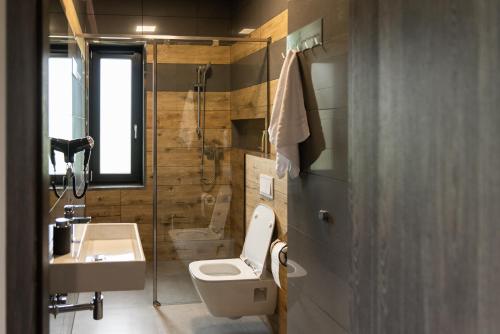 a bathroom with a toilet and a sink and a shower at Apartamenty Mazurski Rejs in Węgorzewo