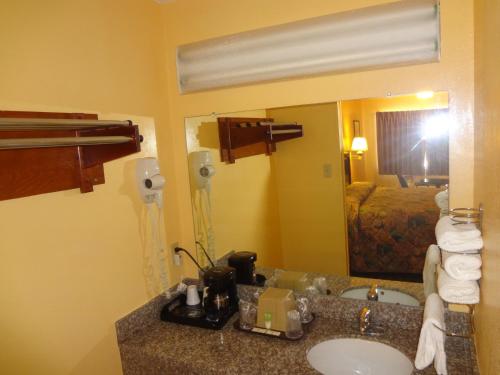 Baño del hotel con lavabo y espejo en Antlers Inn Goliad en Goliad