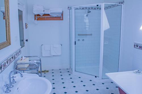 a white bathroom with a shower and a sink at The Duck House in Burnie