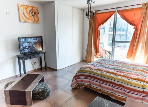 1 dormitorio con 1 cama, TV y ventana en Naon Arts Experience en Buenos Aires