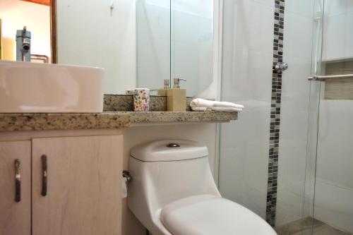 a bathroom with a toilet and a sink and a shower at Casa Finca Villa Luz a 800 mts del Parque del Café in Montenegro
