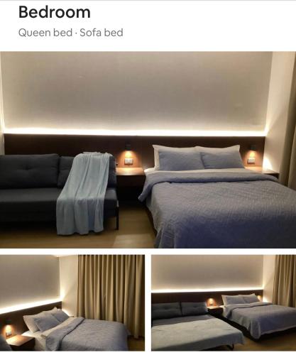 two pictures of a bedroom with a bed and a couch at Luxury Condo in Clark Pampanga beside Hilton Hotel and Casino in Angeles