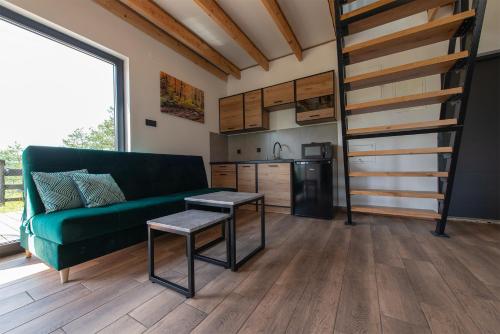 a living room with a green couch and a kitchen at Widokówka Myczkowce in Myczkowce